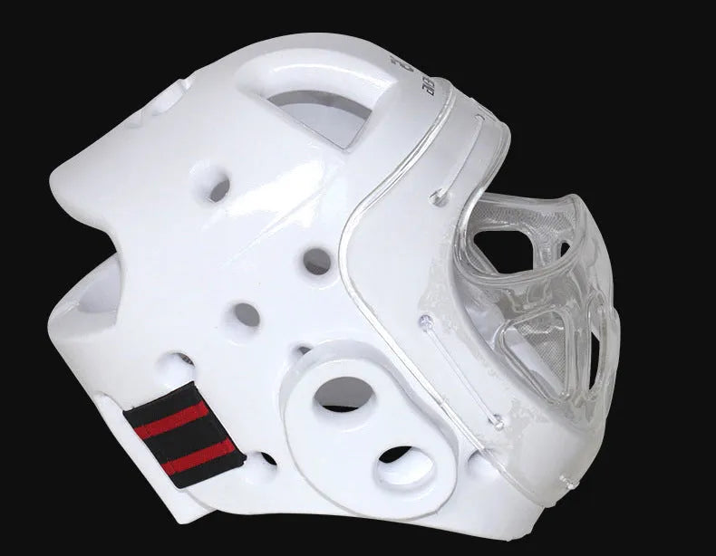 Karate helmet protective equipment in blue colour with adjustable straps and protective padding