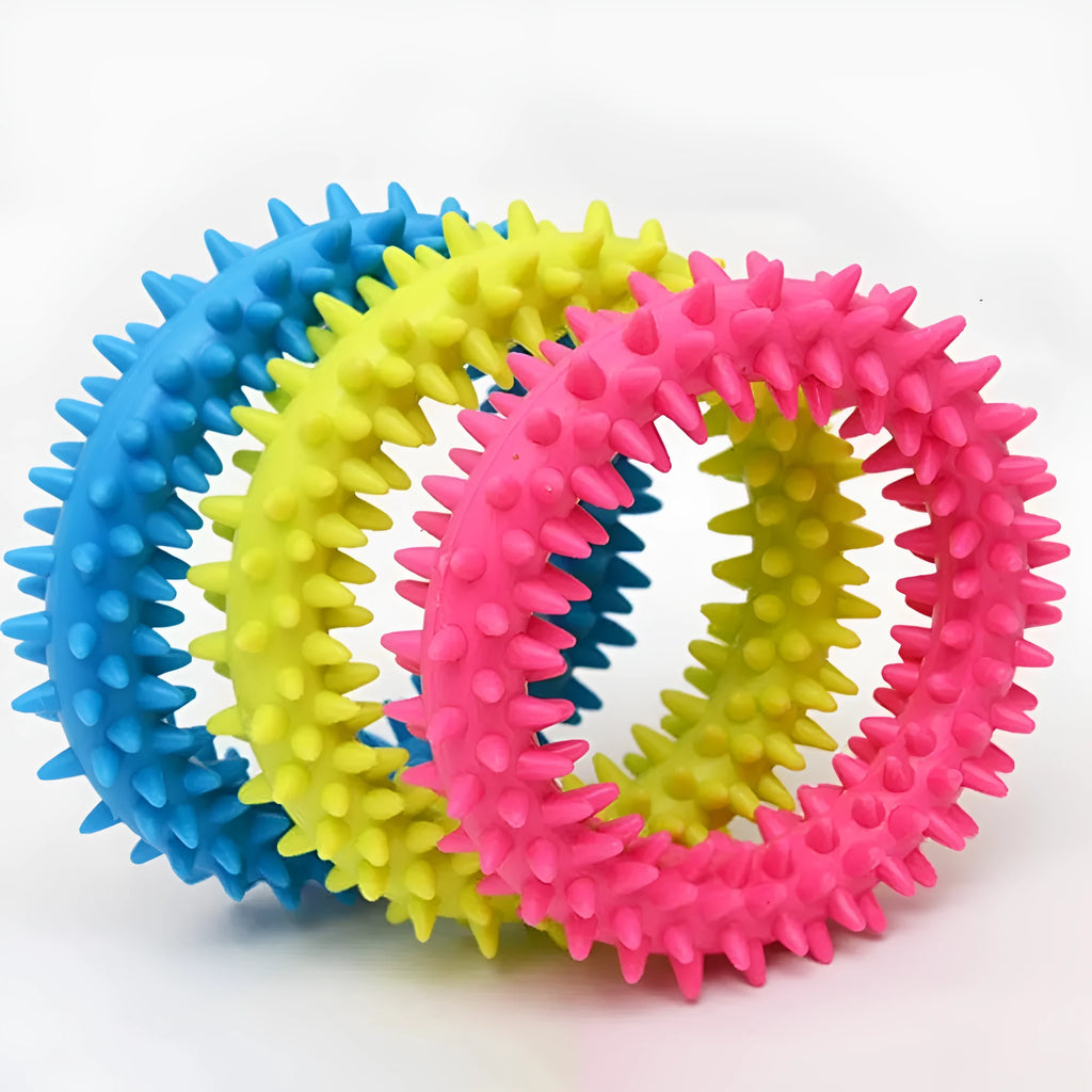 TPR spiky circle ring dog chew toy in various colours showing textured dental cleaning nubs