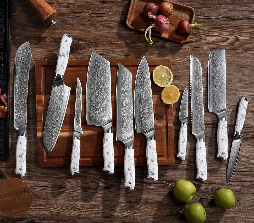 Damascus pattern chef's knife with 21cm blade and 11cm handle showing modern simple design