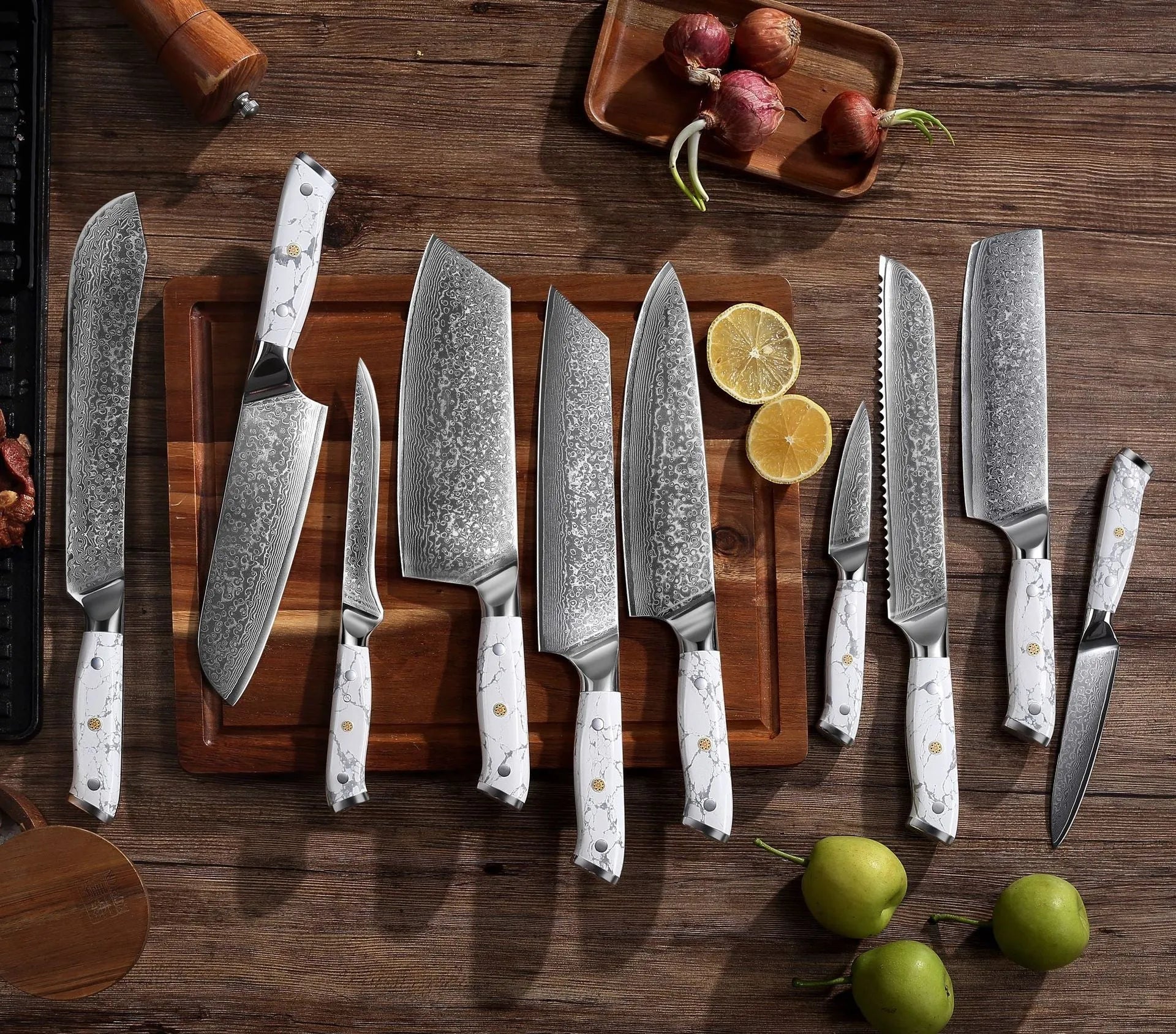 Damascus pattern chef's knife with 21cm blade and 11cm handle showing modern simple design
