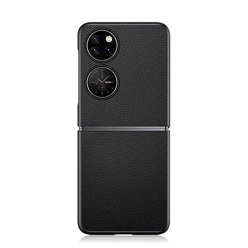 Obsidian black top layer cow leather back cover case for Huawei P50 Pocket