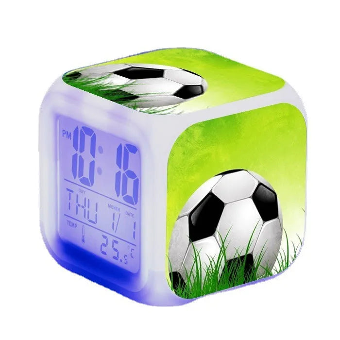 Football pattern mute alarm clock with cartoon design in square plastic case