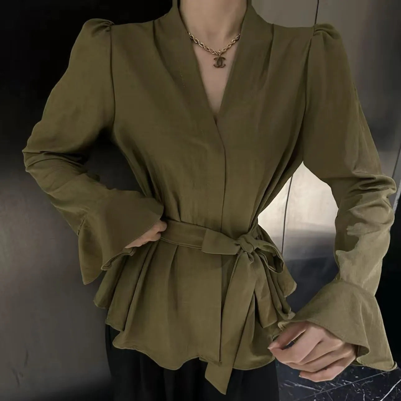 Women's French-style irregular collar long sleeve shirt with bell sleeves and tied front in black colour