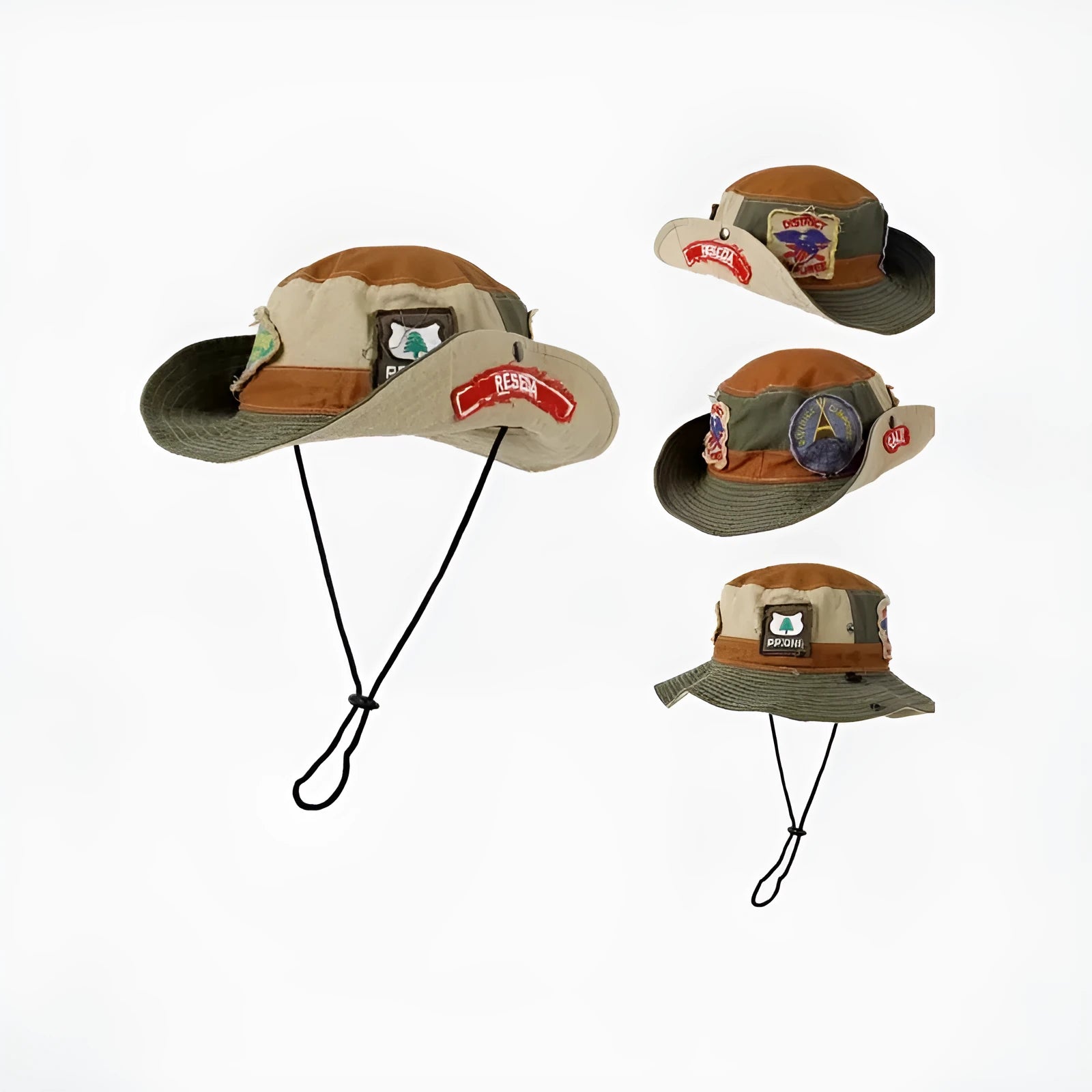 Army green foldable cotton fisherman hat with hand-painted patchwork design and flat top crown.