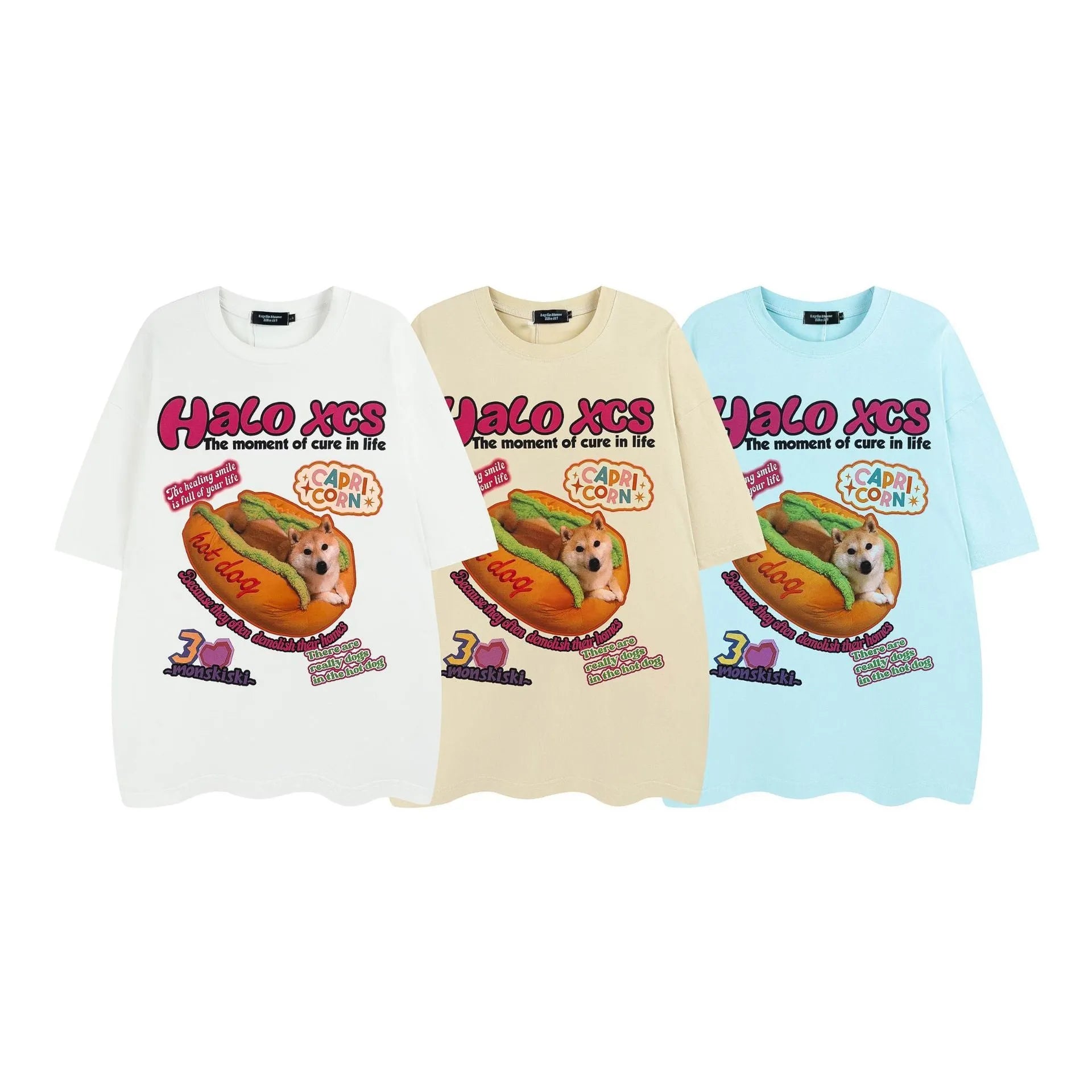Cotton couple's t-shirt with cartoon hamburger dog print in short sleeve round neck style