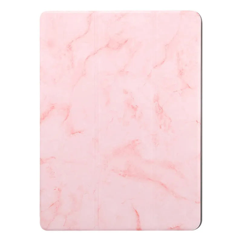 iPad tri-fold leather case with marbling design showing built-in Apple Pencil slot and plane housing construction