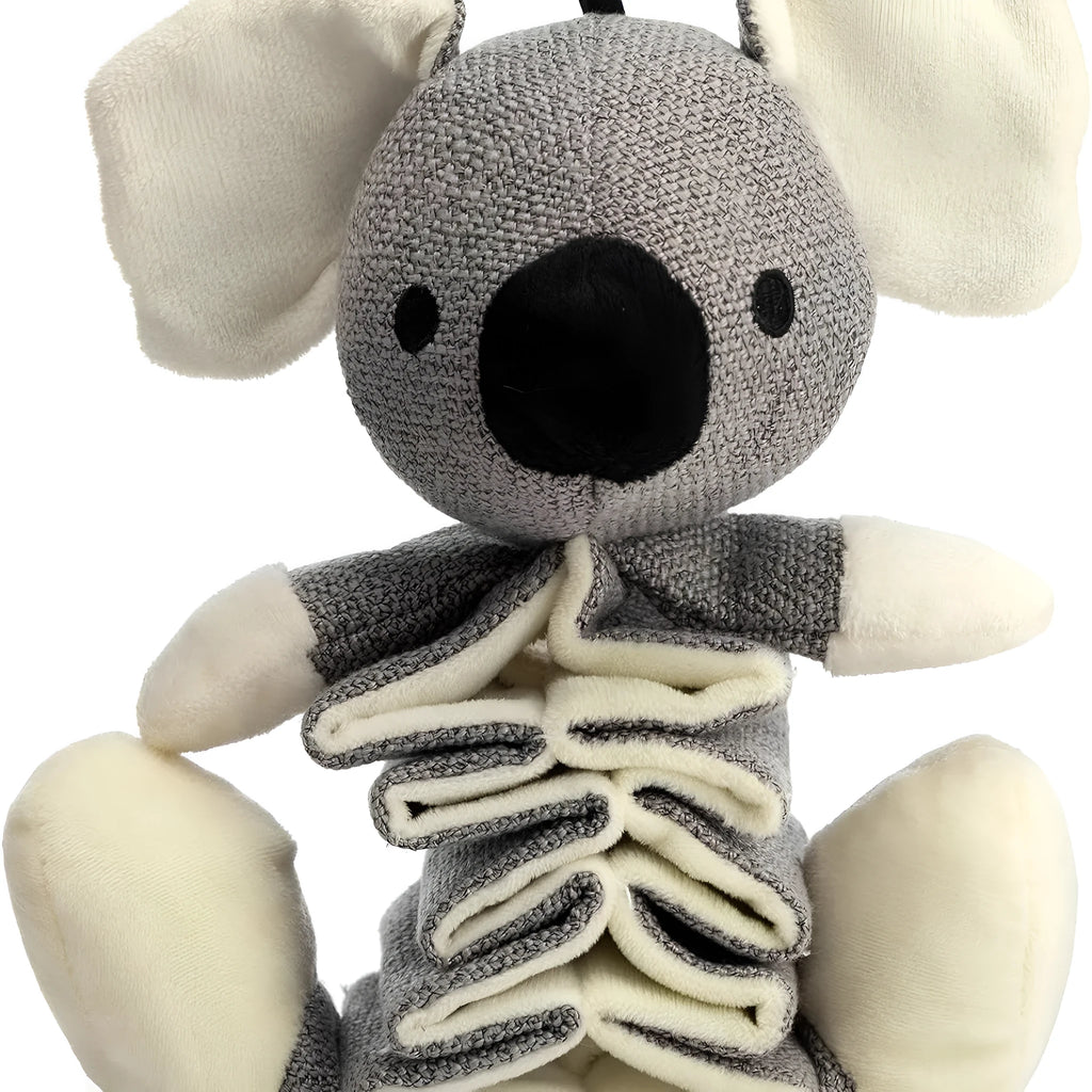 Grey koala dog chew toy with crinkle paper, measuring 30cm long, for small medium large dogs.