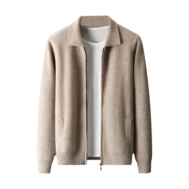 Pure wool men's cardigan in camel with turn-down collar and long sleeves