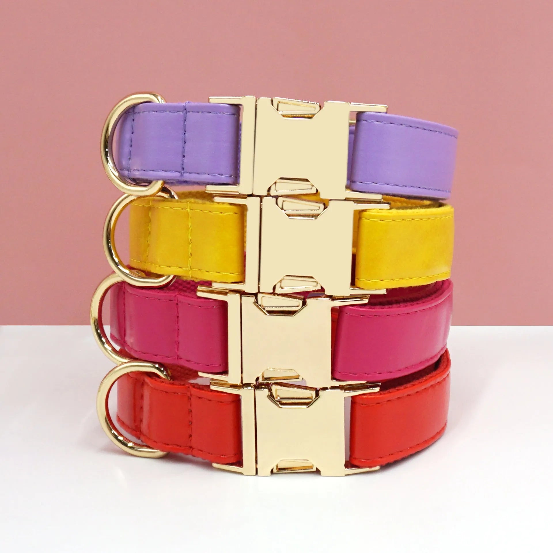 Leather dog collar with velvet colour block in caramel, showing metal buckle and D-ring