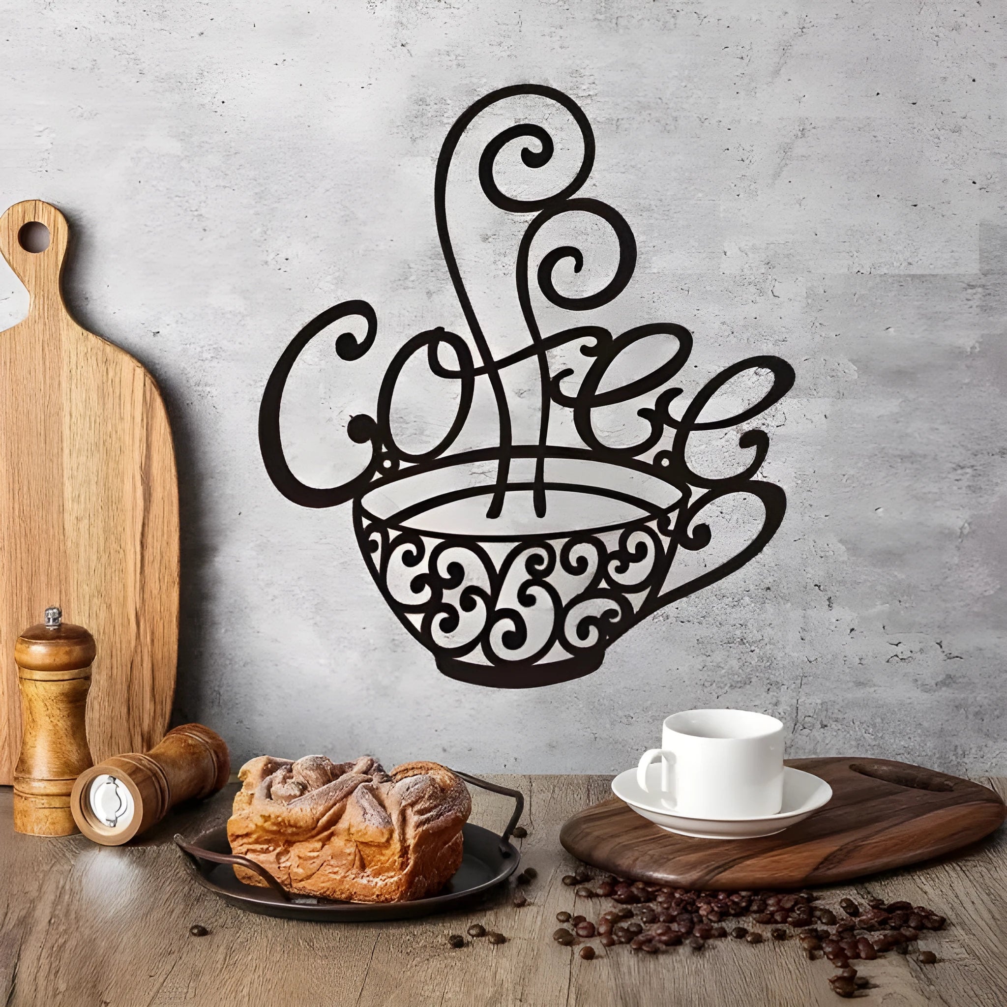 Black wrought iron silhouette wall art with English letters, modern decoration 26cm by 28cm.