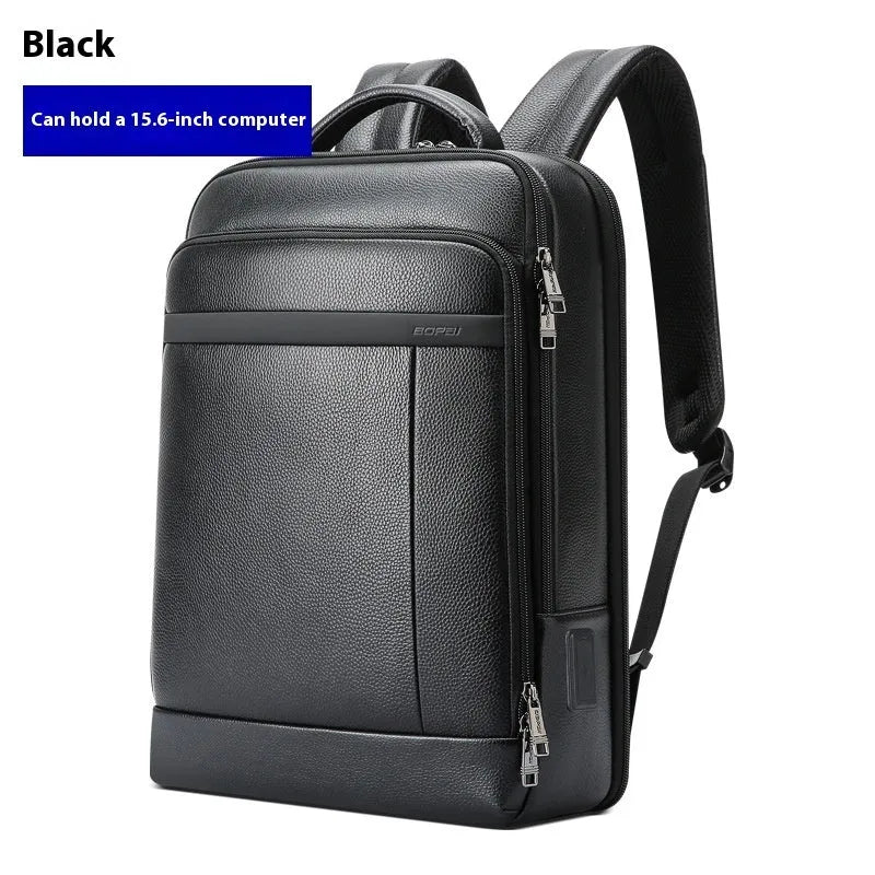 Black leather business backpack with USB charging port and curved shoulder straps