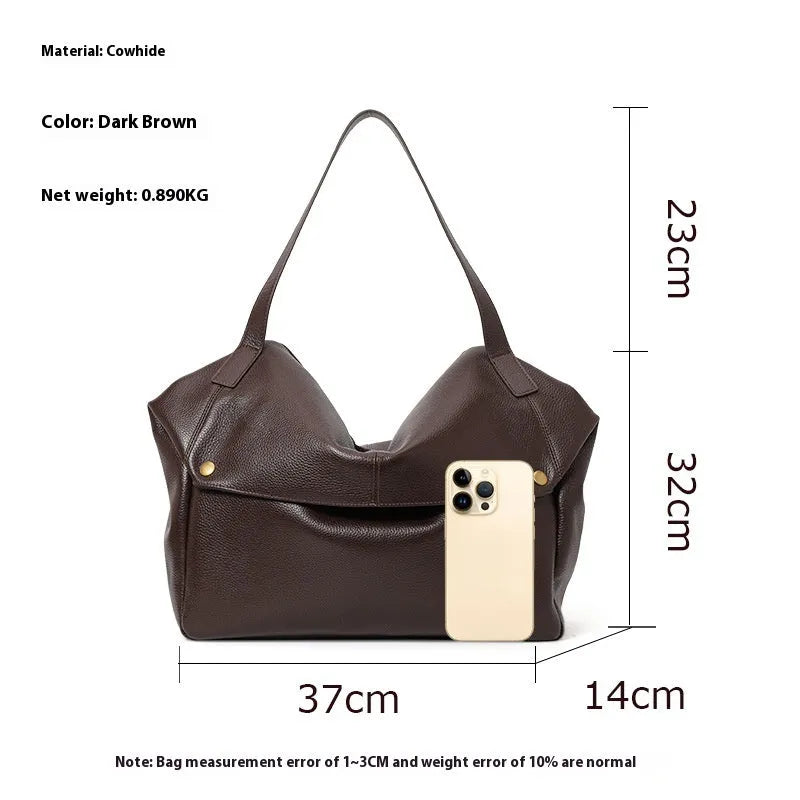 Brown genuine leather women's commuter shoulder bag with horizontal square shape showing interior zipper change pocket