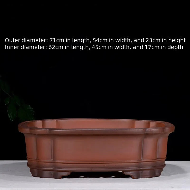 Large oval antique-finish purple clay flowerpot in Chinese style for bonsai trees.