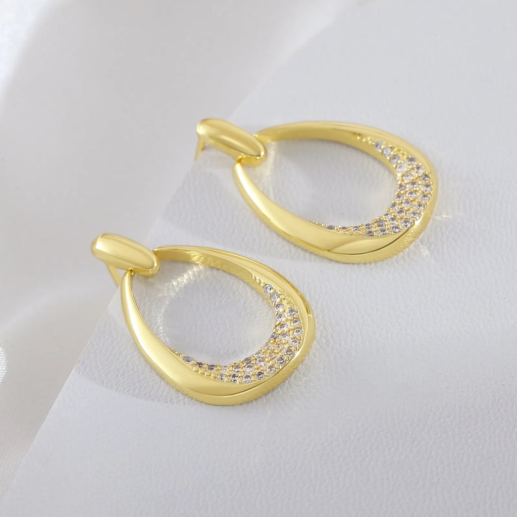 Yellow gold geometric drop earrings with zircon detailing, 2.6cm copper earrings with colour retention electroplating