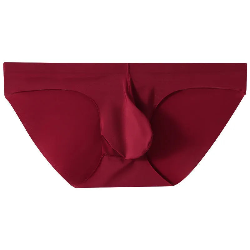 Men's black ice silk seamless briefs with mid-waist and internal support pouch design.