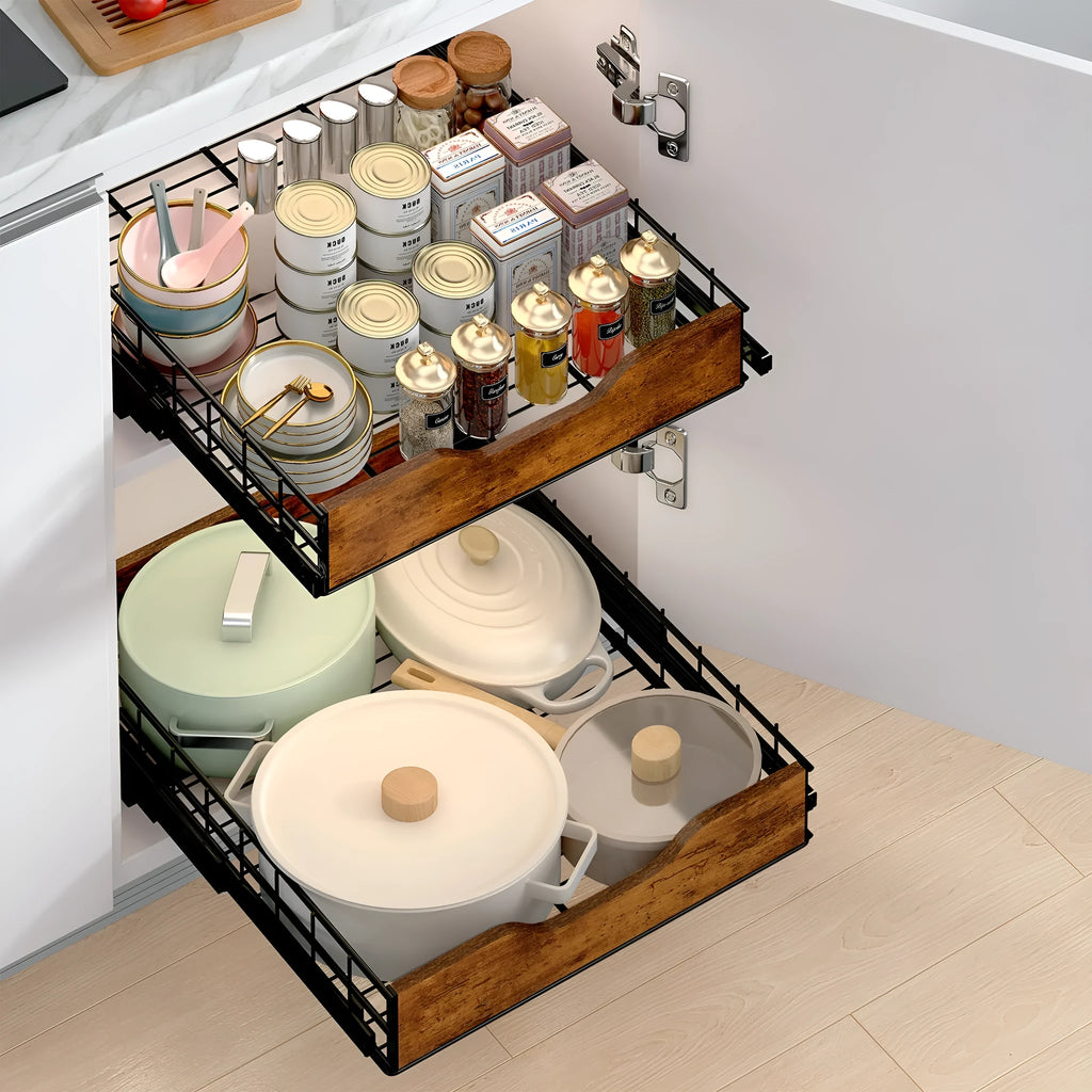 Black storage rack with wood and iron construction featuring pull basket design for household organisation