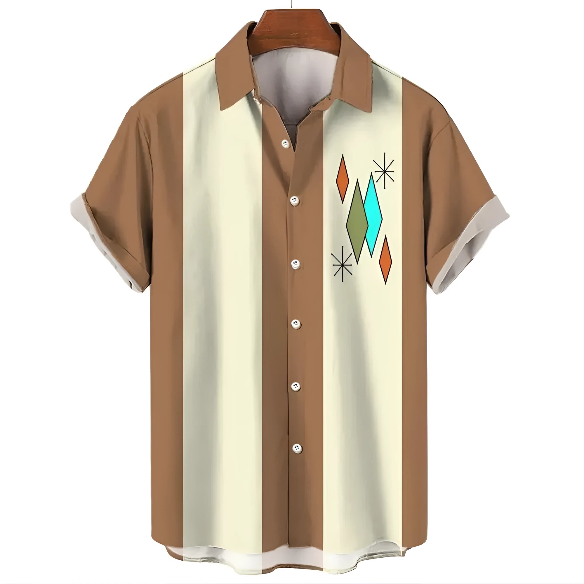 Men's striped Hawaiian shirt with button front and short sleeves in elastic fabric