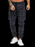 Checkered 3D digital print casual cotton trousers for men in dark grey, tapered fit, mid-waist