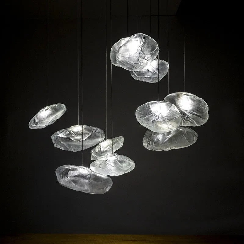 Modern decorative chandelier with glass shade in amber, clear or smoke grey colour options
