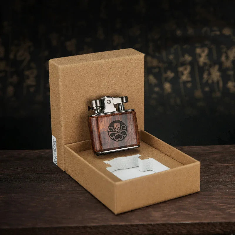 Sandalwood retro wooden kerosene lighter with cotton wick, 53x50x20mm, in Ebony finish, on gift box packaging
