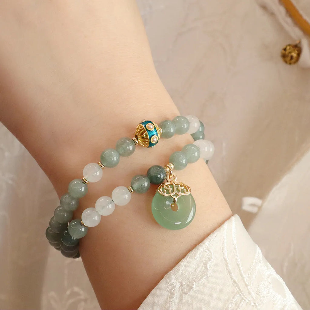 Women's safety buckle bracelet with Myanmar jade components and geometric lucky bead design