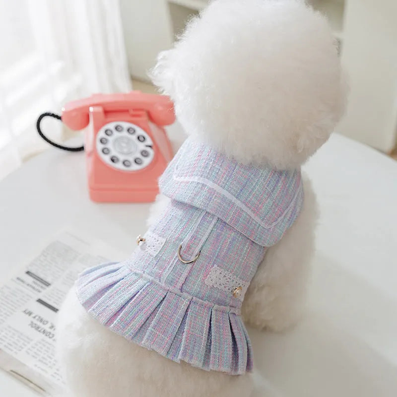 Purple and pink hooded polyester pet clothing for small dogs and cats in sizes S, M, L, XL.
