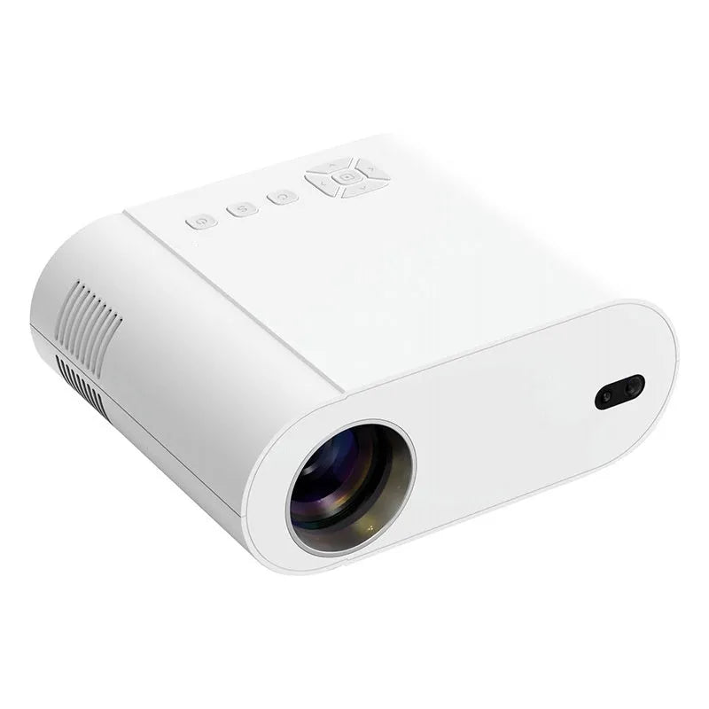 White Full HD smart projector with remote control showing 1080p resolution and 320 ANSI lumens brightness