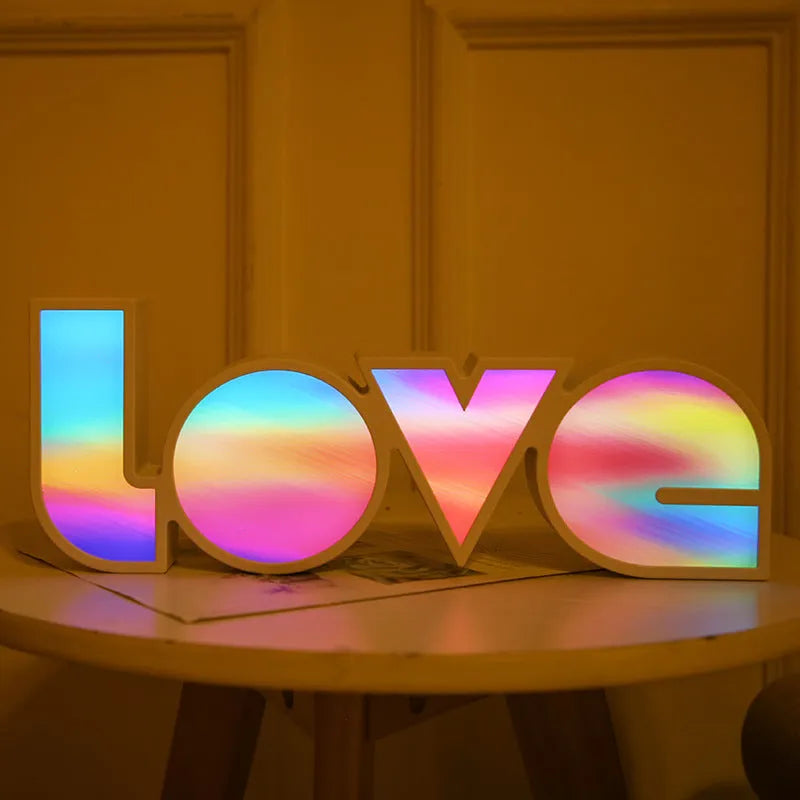LED LOVE light with rainbow style lampshade measuring 35.5x13.5cm for decorative room and event lighting