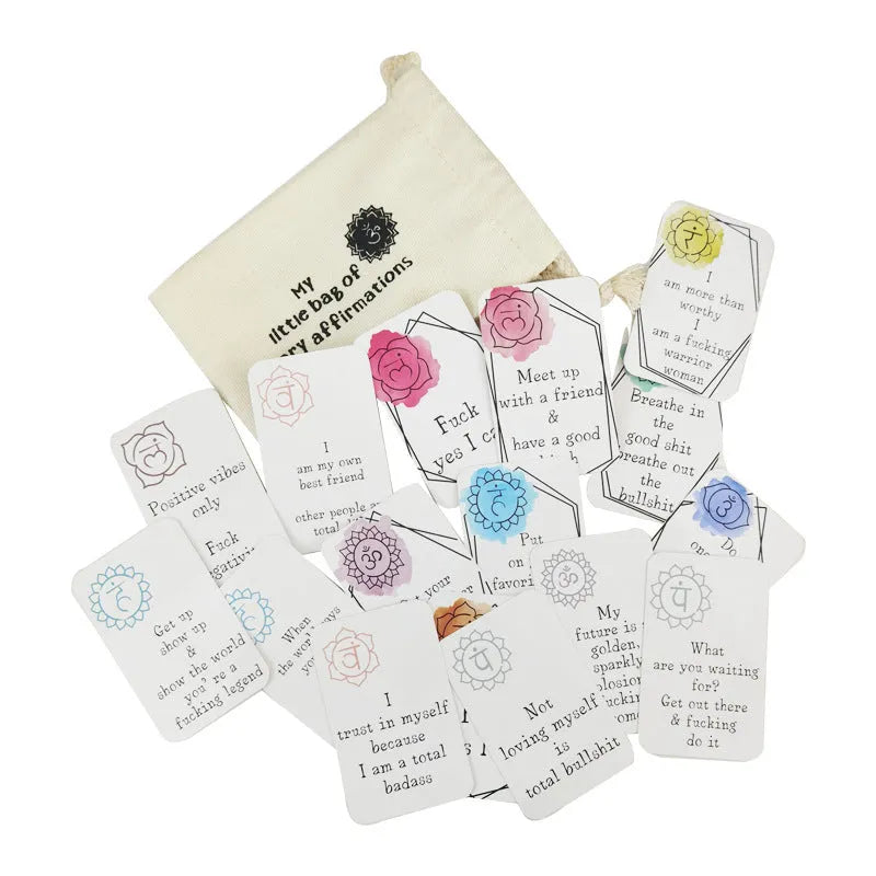 Set of 16 colourful funny affirmation cards with soft designs in a greeting card bag.