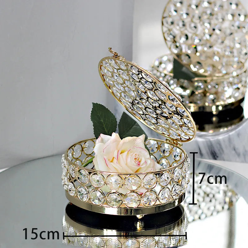 Crystal glass transparent jewellery storage box with French gold metal frame and European-style design