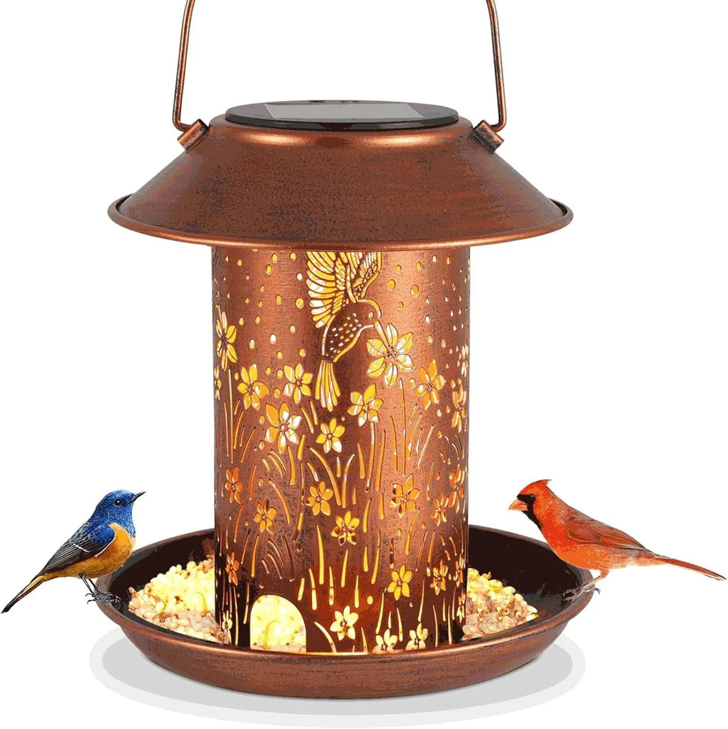 Solar-powered hummingbird-shaped iron art lamp feeder for outdoor gardens with bird feeding function