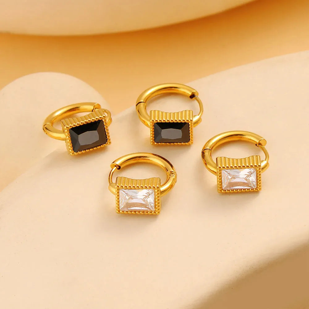 Square zircon stainless steel earrings with geometric design and round ring elements