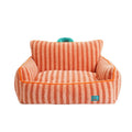 Striped soft velvet pet bed for cats and dogs with a removable cover in orange, purple, or yellow.