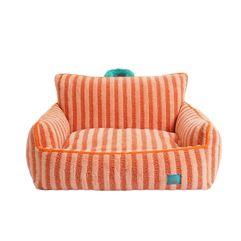 Striped soft velvet pet bed for cats and dogs with a removable cover in orange, purple, or yellow.