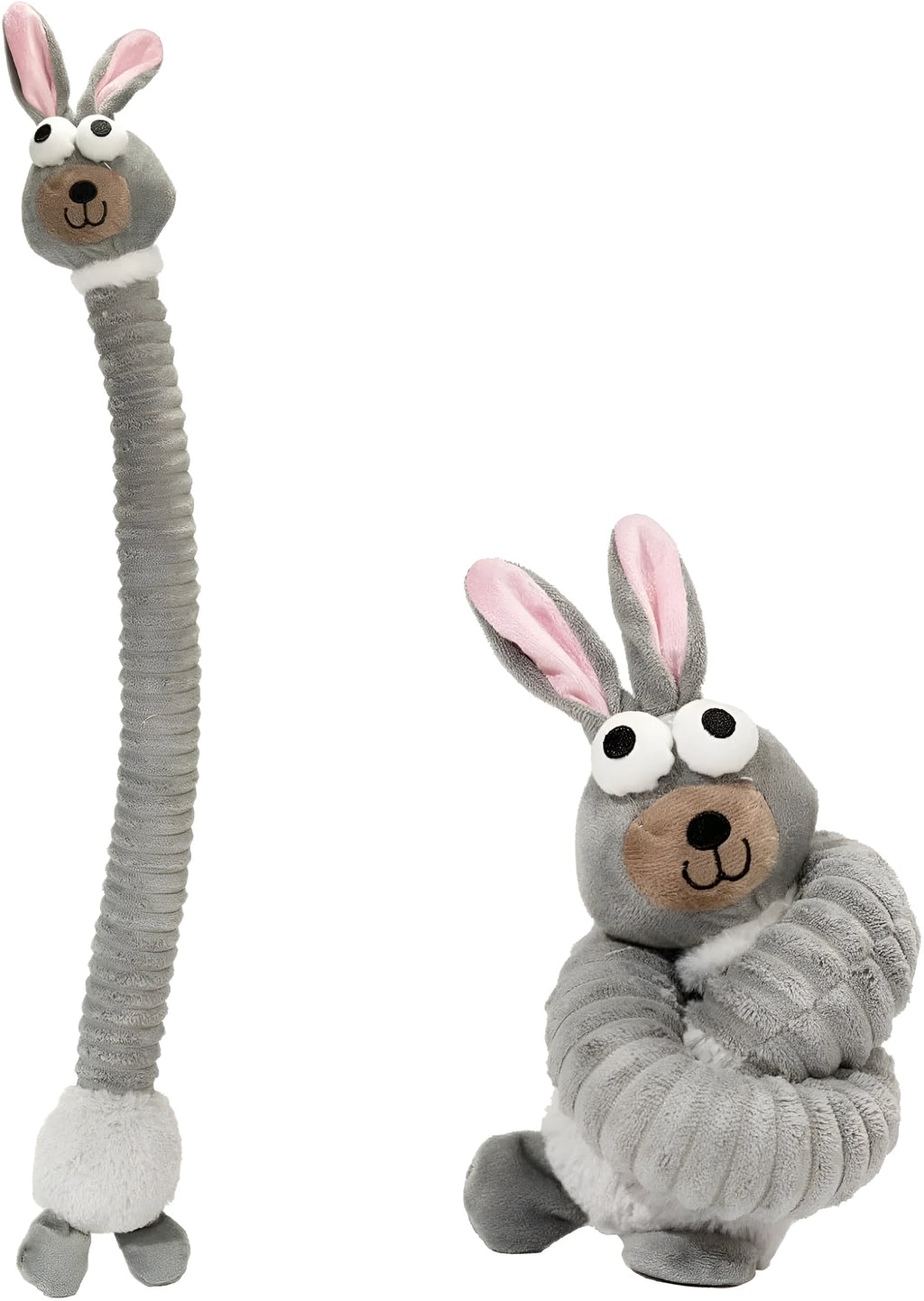 Brown, grey, and yellow plush squeaky dog toys with crinkle material for chewing.