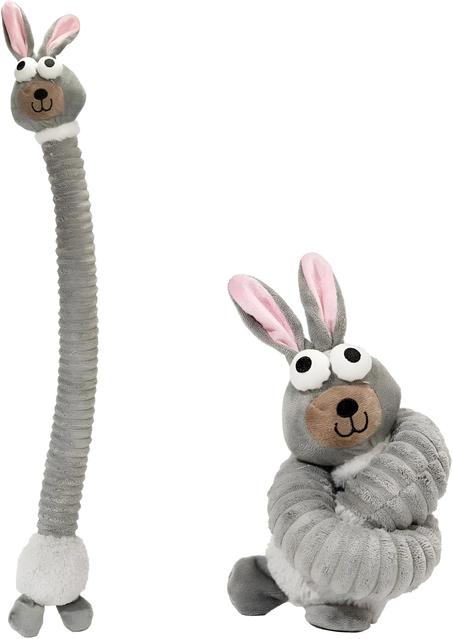 Brown, grey, and yellow plush squeaky dog toys with crinkle material for chewing.