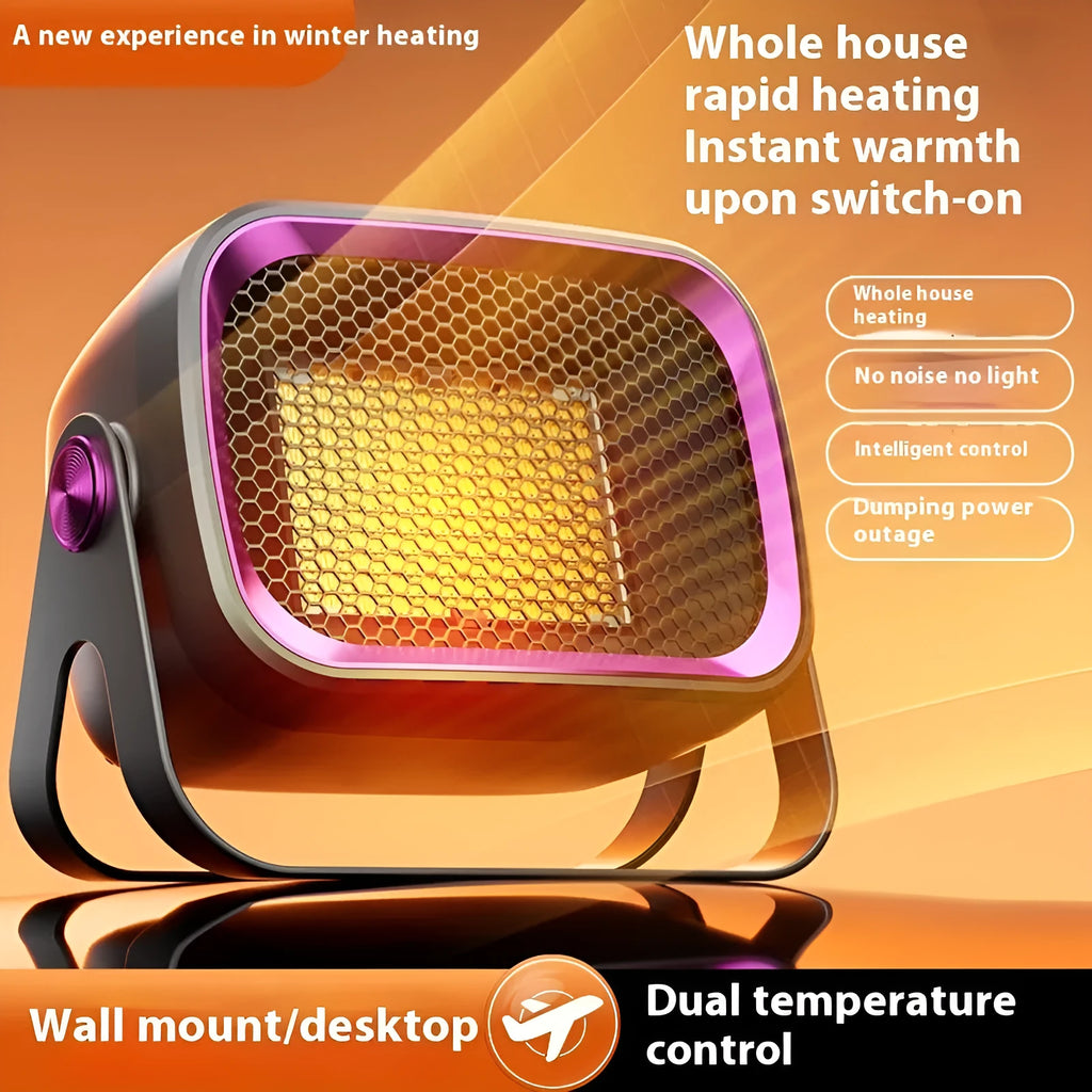 White ceramic desktop electric heater with rotatable base and push-button controls.