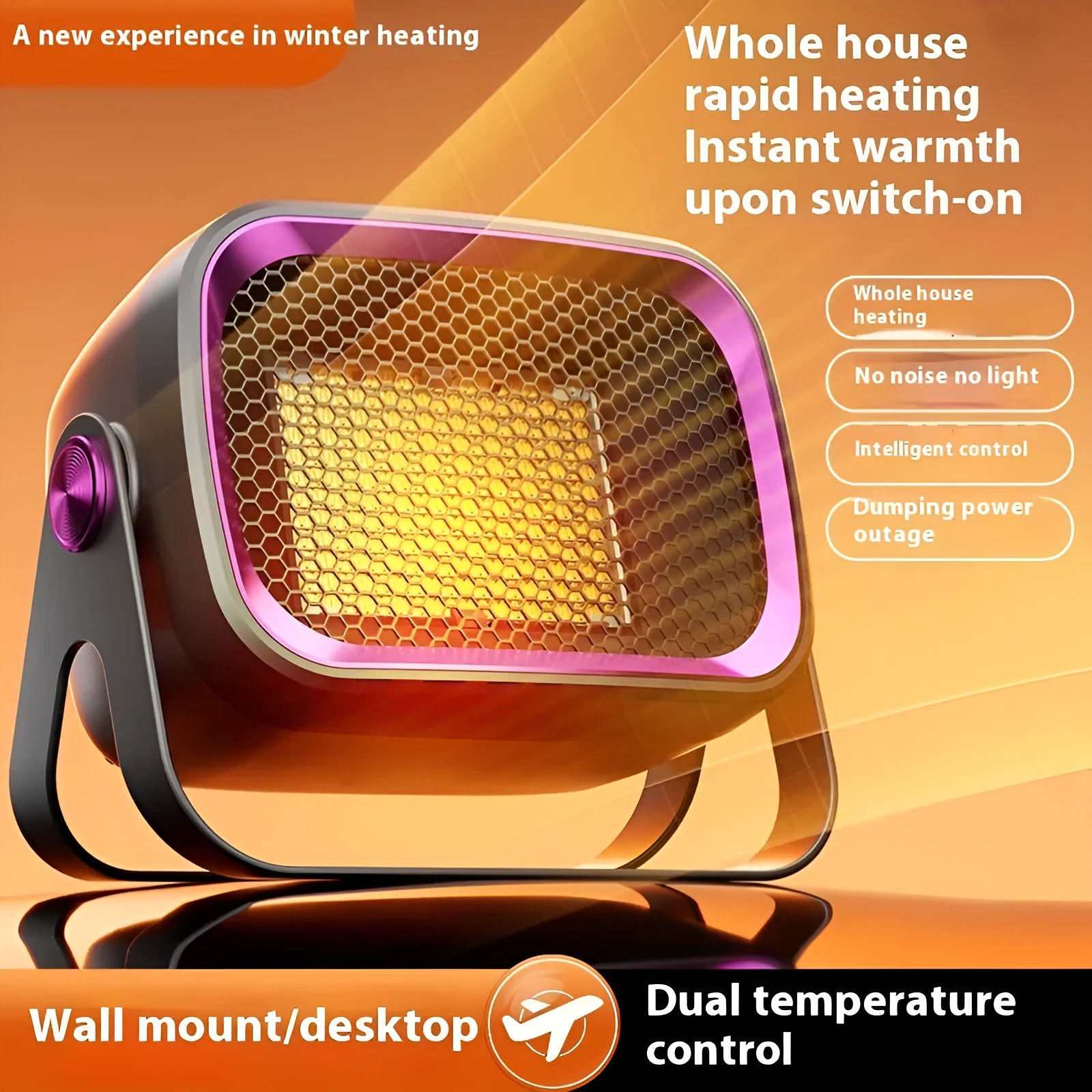 White ceramic desktop electric heater with rotatable base and push-button controls.
