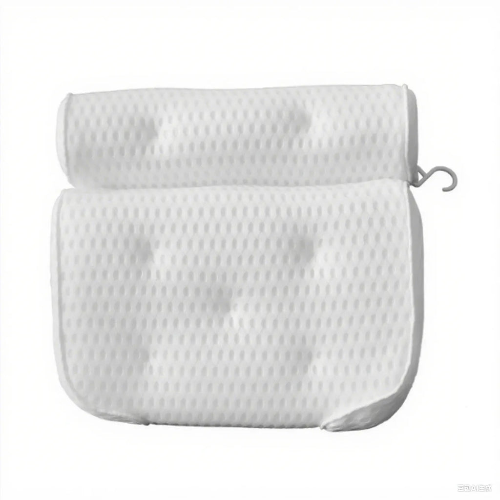 White 4D mesh bathtub pillow with suction cups on a clean bathtub surface.