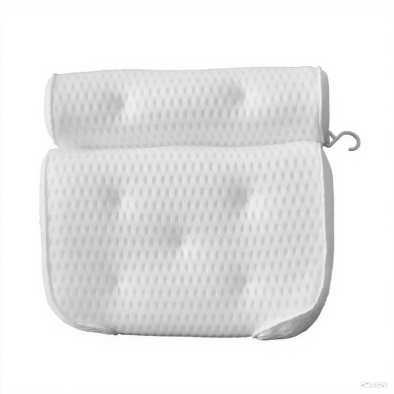 White 4D mesh bathtub pillow with suction cups on a clean bathtub surface.