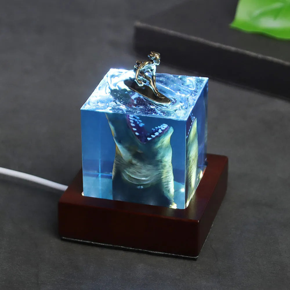 Shark surfing micro landscape night light in clear resin with lamp holder available in 5cm and 8cm sizes