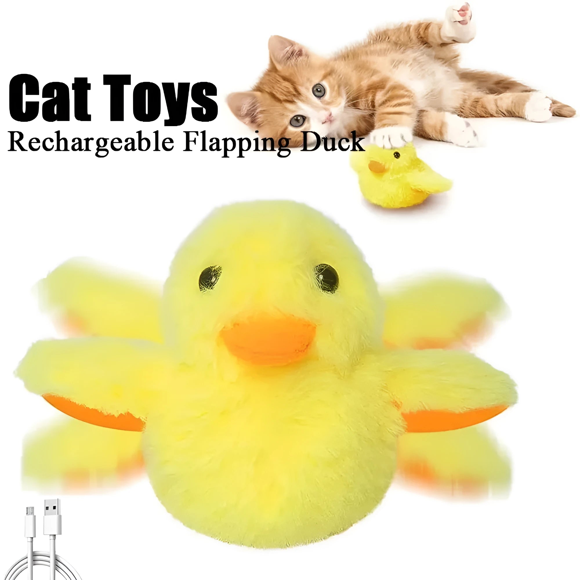 Yellow flapping duck cat plush toy with rechargeable battery and removable washable cover