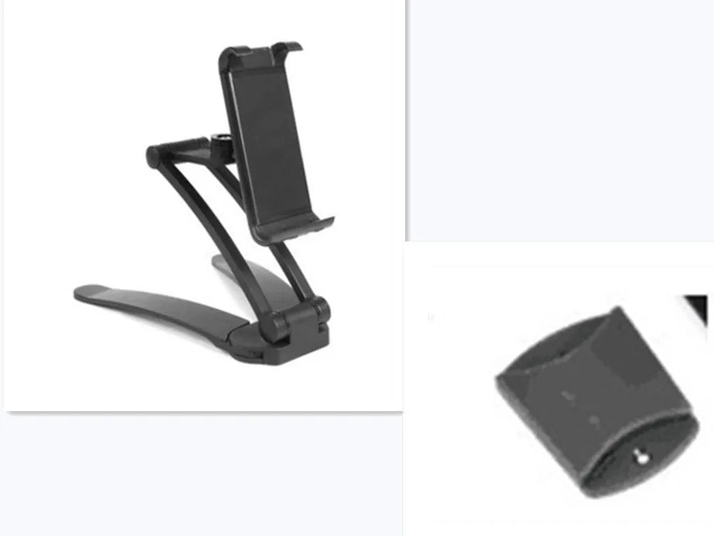 Silver aluminum alloy adjustable tablet stand holding a tablet with 360-degree rotation capability