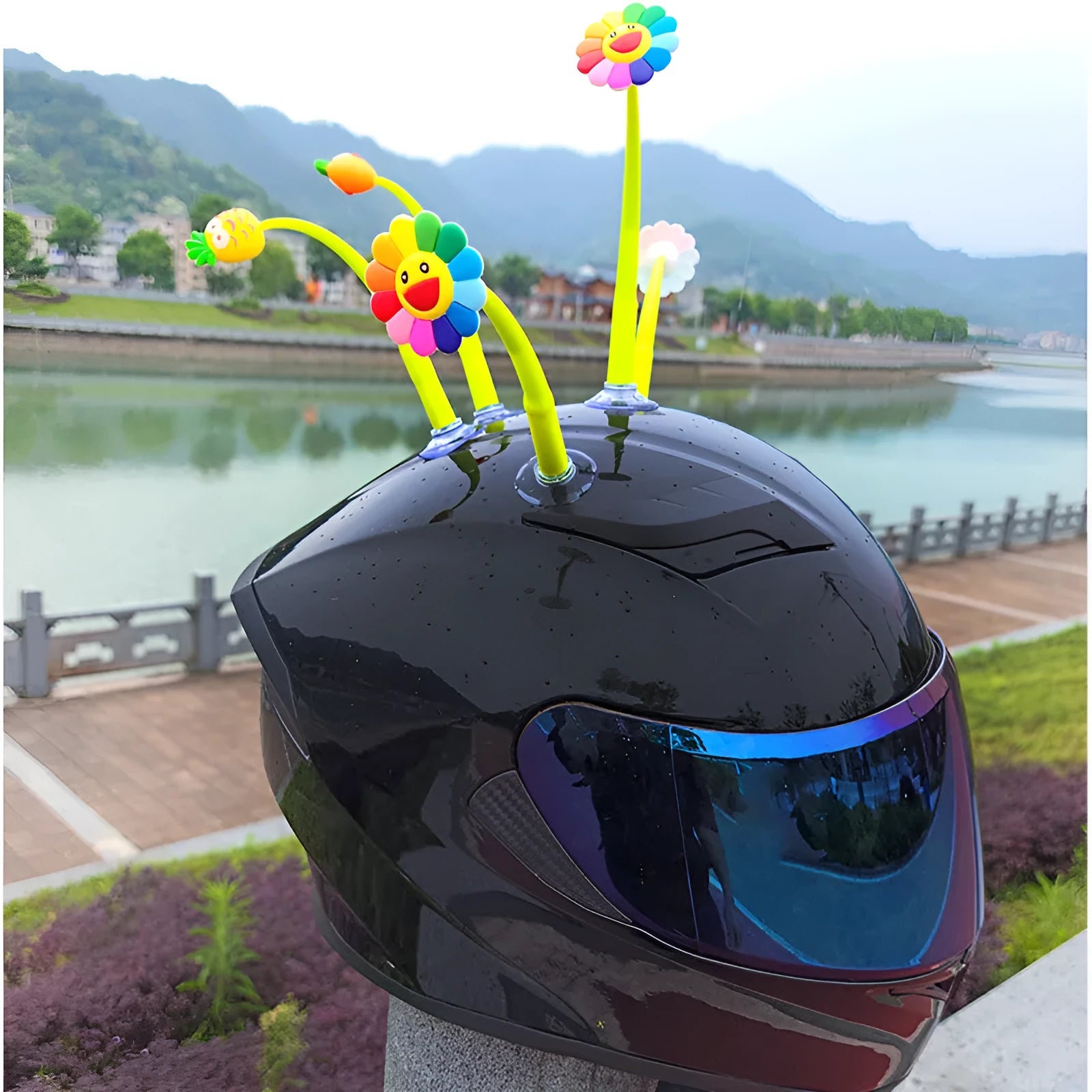 Yellow sunflower silicone helmet decoration with brown centre on suction cup base