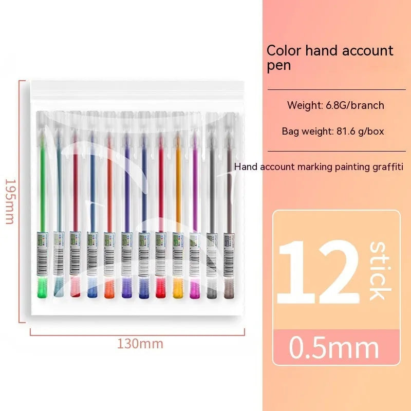 Boxed set of 12 multi-coloured gel pens with 0.5mm plastic tips for stationery