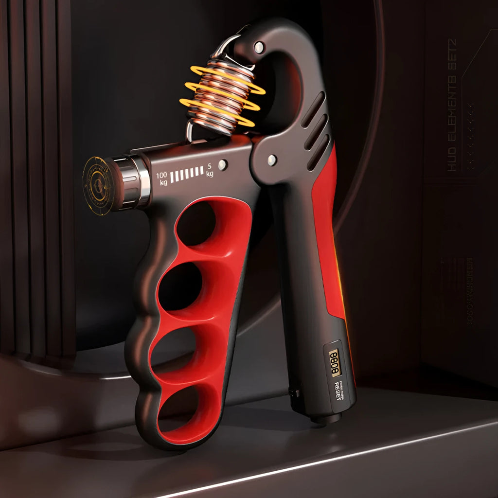 Electronic counter spring grip in orange, red, and grey colour options with digital display