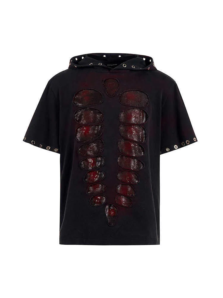 Black hooded men's T-shirt with sequenced detailing and loose fit