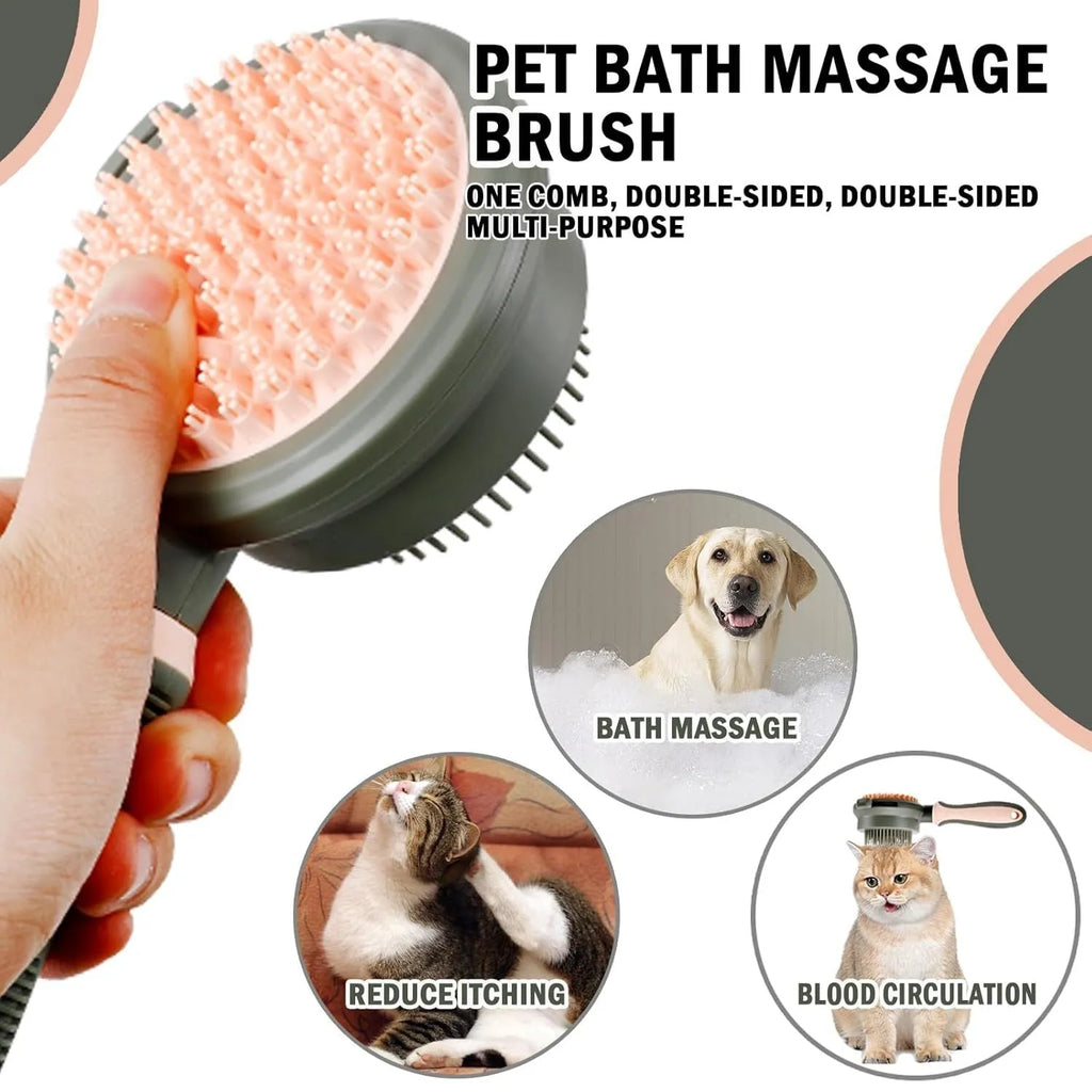 Double-sided cat brush with release button and flea comb in green or pink colours