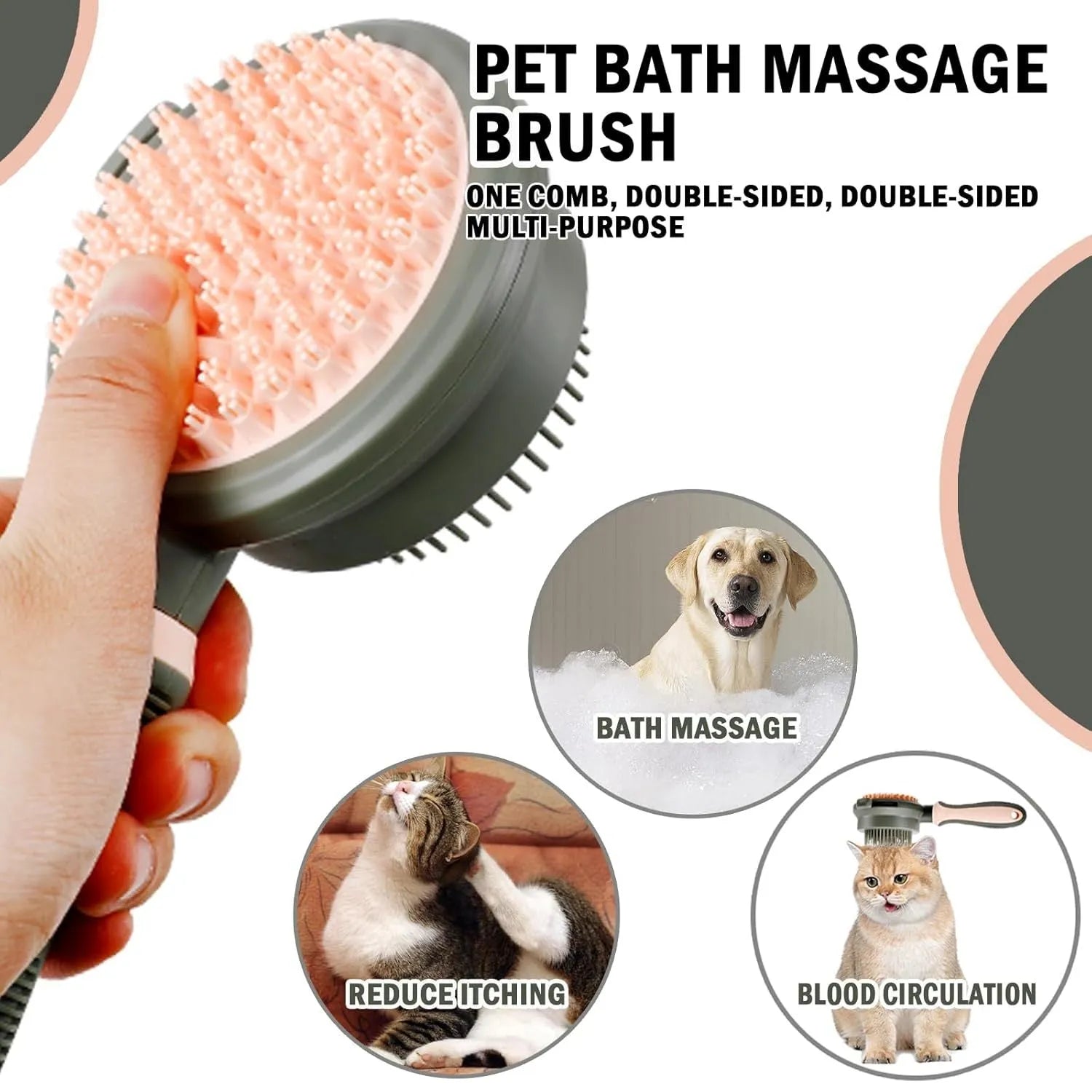 Double-sided cat brush with release button and flea comb in green or pink colours