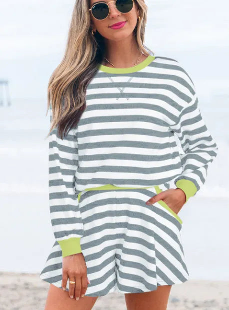 Women's black stripe contrast ribbed banding long sleeve blouse and skirt casual set